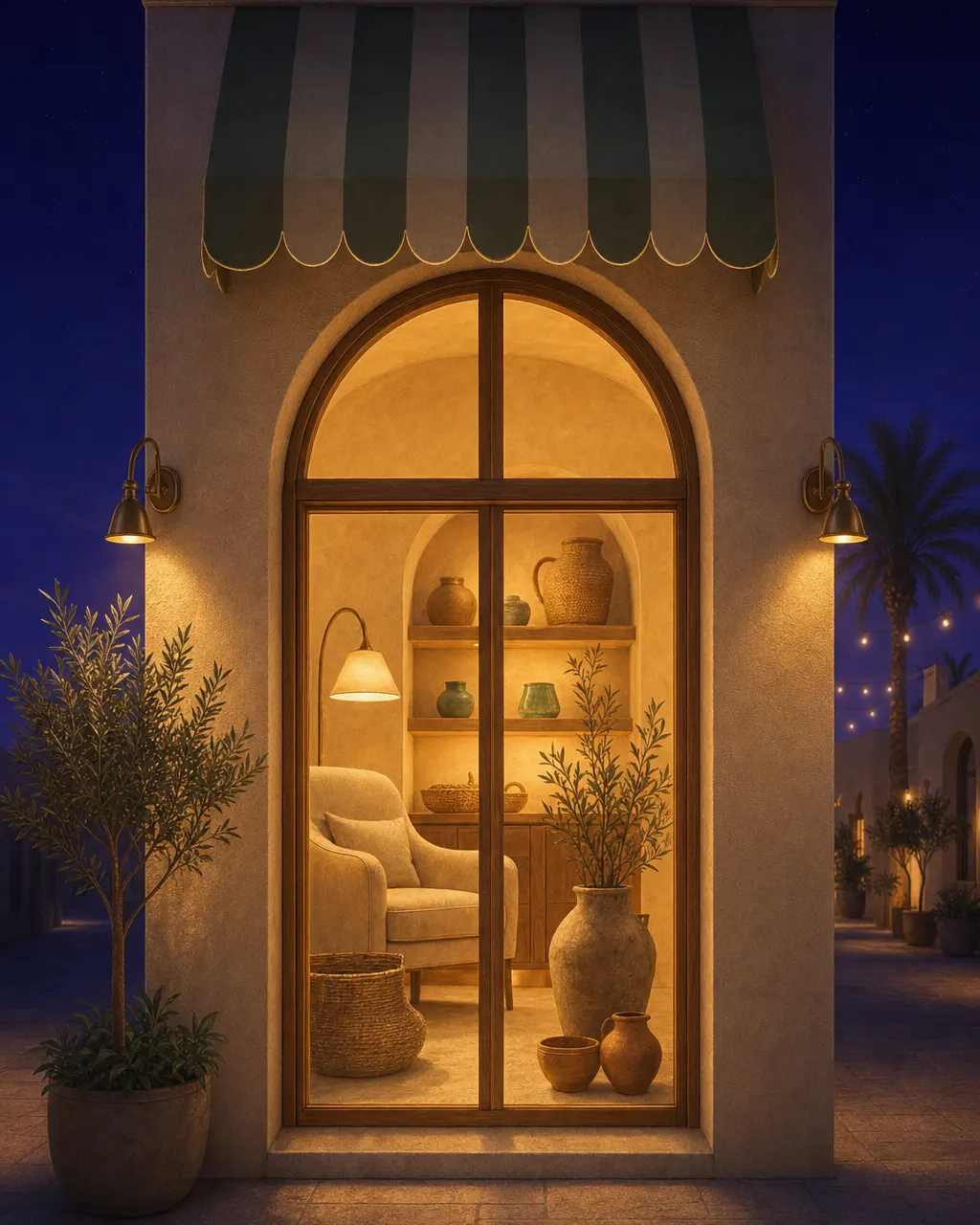 واجهة متجر منزل وأثاث مضاءة ليلاً